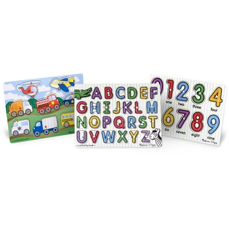 Construction Vehicles Shaped Puzzle - Melissa & Doug Wooden Peg Puzzles Set, Alphabet, Numbers, and Vehicles