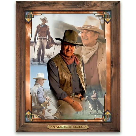 The Bradford Exchange The Legend Of John Wayne Wall Decor Self-Illuminating Wall Decor Stained Glass Artwork with LED Lights and Rustic Wooden Frame 16" W x 20" H