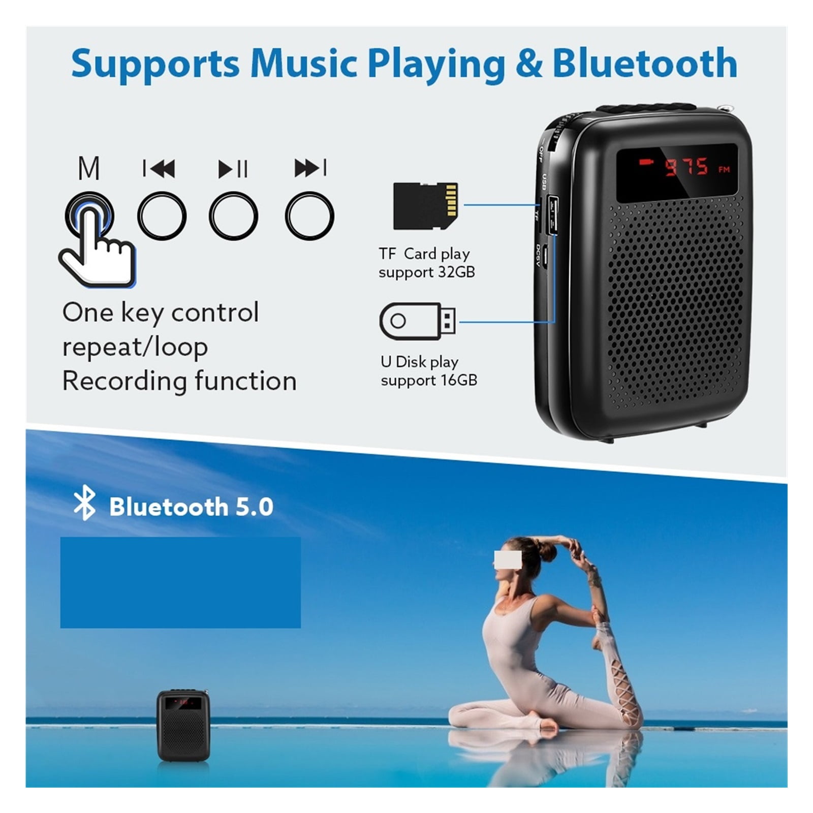 Voice Amplifier Wired Microphone FM Radio AUX Audio Recording Blue-tooth Speaker For Teachers Instructor Mini Megaphone