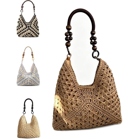 Handmade Woven Straw Tote Bag, Summer Beach Shoulder Handbag, Magnetic Closure Casual Travel Purse for Women