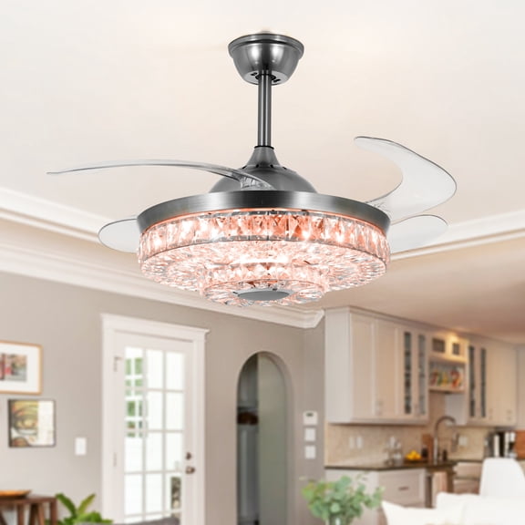 FINE MAKER 42'' Modern Smart Invisible Ceiling Fan, Bluetooth Speaker Crystal Chandelier, Mobile APP Control 7 Colour 3 Speed Chandelier