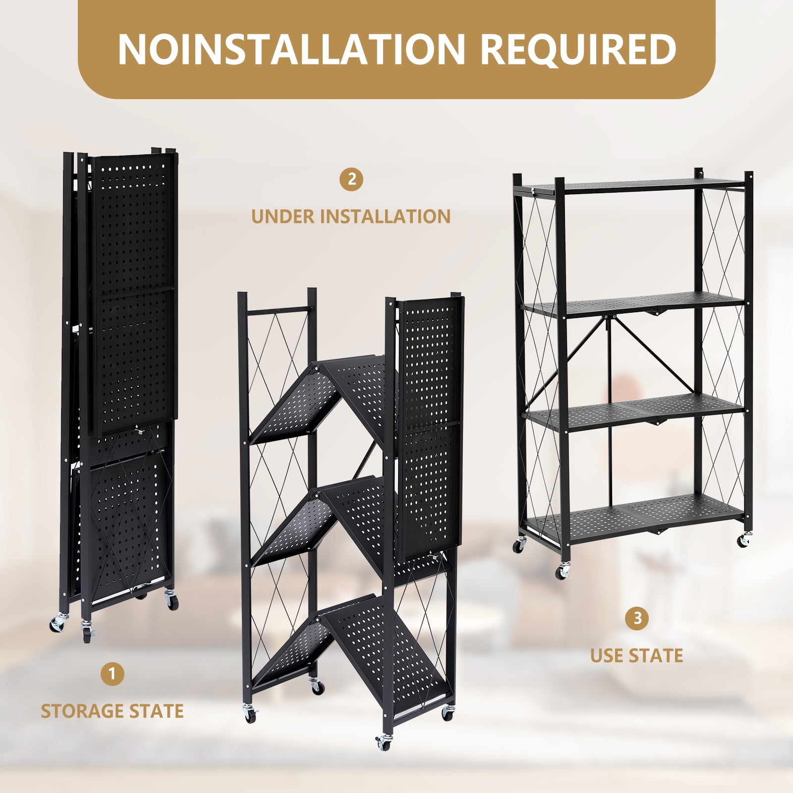 SUGIFT 4-Tier Foldable Metal Storage Shelf with Wheels, No Assembly, Heavy-Duty Organizer (600 lbs), Black