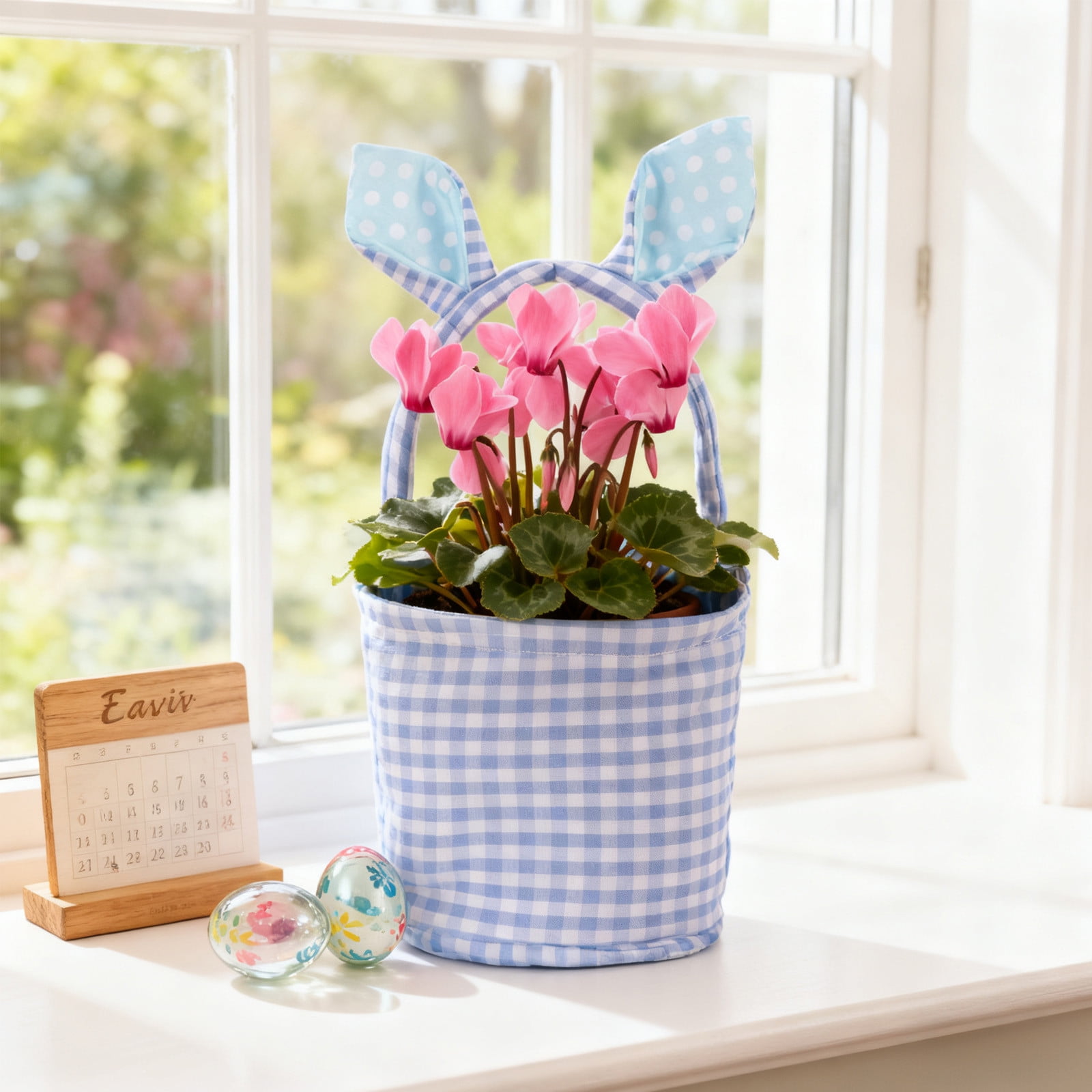 Lunxisen 2 Pcs Easter Bunny Basket Plaid Gingham Easter Buckets with Border Pleat,Cute Easter Basket Tote Easter Eggs Hunt Bag,Easter Decorations,Candy Gifts Storage