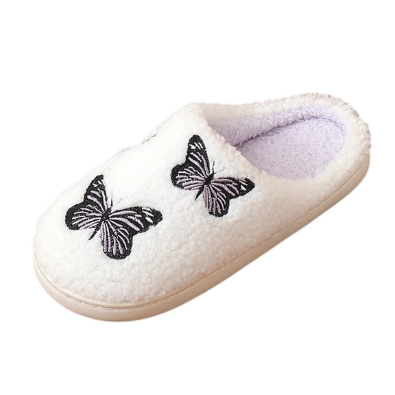 House Slippers For Women, Butterfly Embroidery Plush Indoor Slippers, Casual Warm Soft Fuzzy Slip On Home Shoes, Anti Slip Sole Indoor & Outdoor Bedroom Daily Wear Footwear Light Purple 7-8