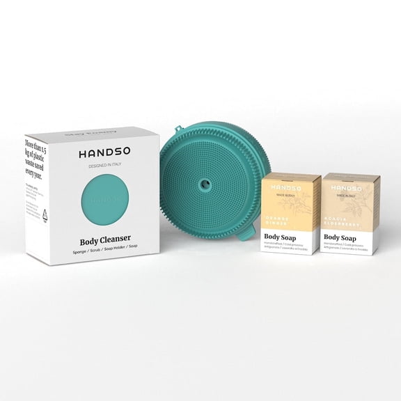 Handso 3-Piece Skincare Bath Set, Acqua Green Body Cleanser with Orange Ginger and Acacia Elderberry Body Soaps