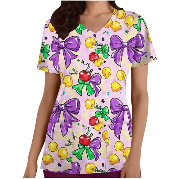 Idoravan Women's V Neck Printed Scrub Top with 2 Pockets Women's Fashionable Loose Casual Carnival Printed Short Sleeve V-Neck Pocket Work Tops Scrubs for Women Tops