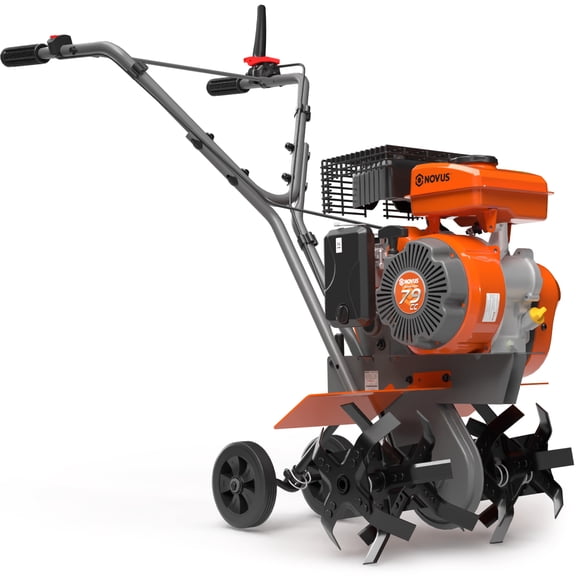 NOVUS 2 in 1 Gas Tiller Cultivator with 79cc 4-Cycle Engine, 9"-17" Tool-Free Tilling Width Adjustment, 24 Steel Tines, Never-Flat Wheels,Front Tine Gardon Tiller for Lawn, Field Soil Cultivation