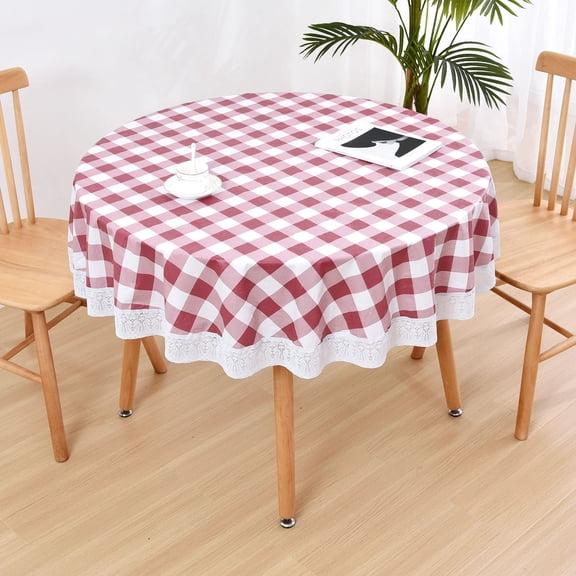 Round Vinyl Lace Tablecloth Waterproof Plastic Wipeable Spillproof Heavy Duty Stainproof Oilcloth Tablecloth with Flannel Back for Card Table Red White Plaid 135cm