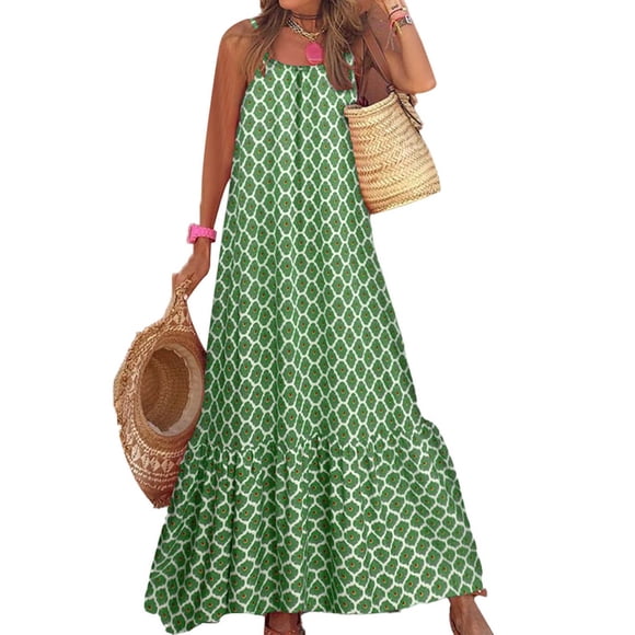FcBaudy Camis Sleeveless Round Neck Dress,Dresses for Women,Womens Dresses Casual Loose Bohemian Floral Dress Long Maxi Summer Beach Dress Wedding Guest Dress Women Dress