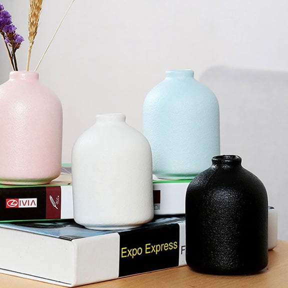 Tofficu Black Ceramic Vase for Home Decor, Small Flower Holder and Diffuser Bottle, 3.93x2.95x2.95 inch, Ideal for Housewarming, Office, Restaurant