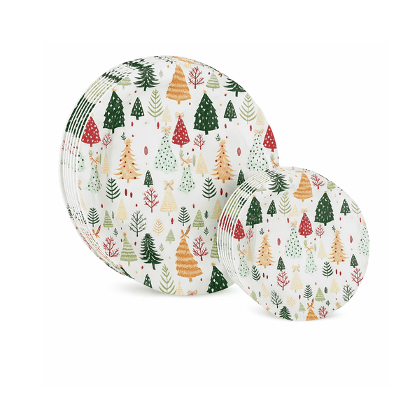 Christmas Disposable Plates Set, 10 Dinner (10.25 in) & 16 Dessert (7.5 in) Plates, Holiday Tree Pattern by Clear Above