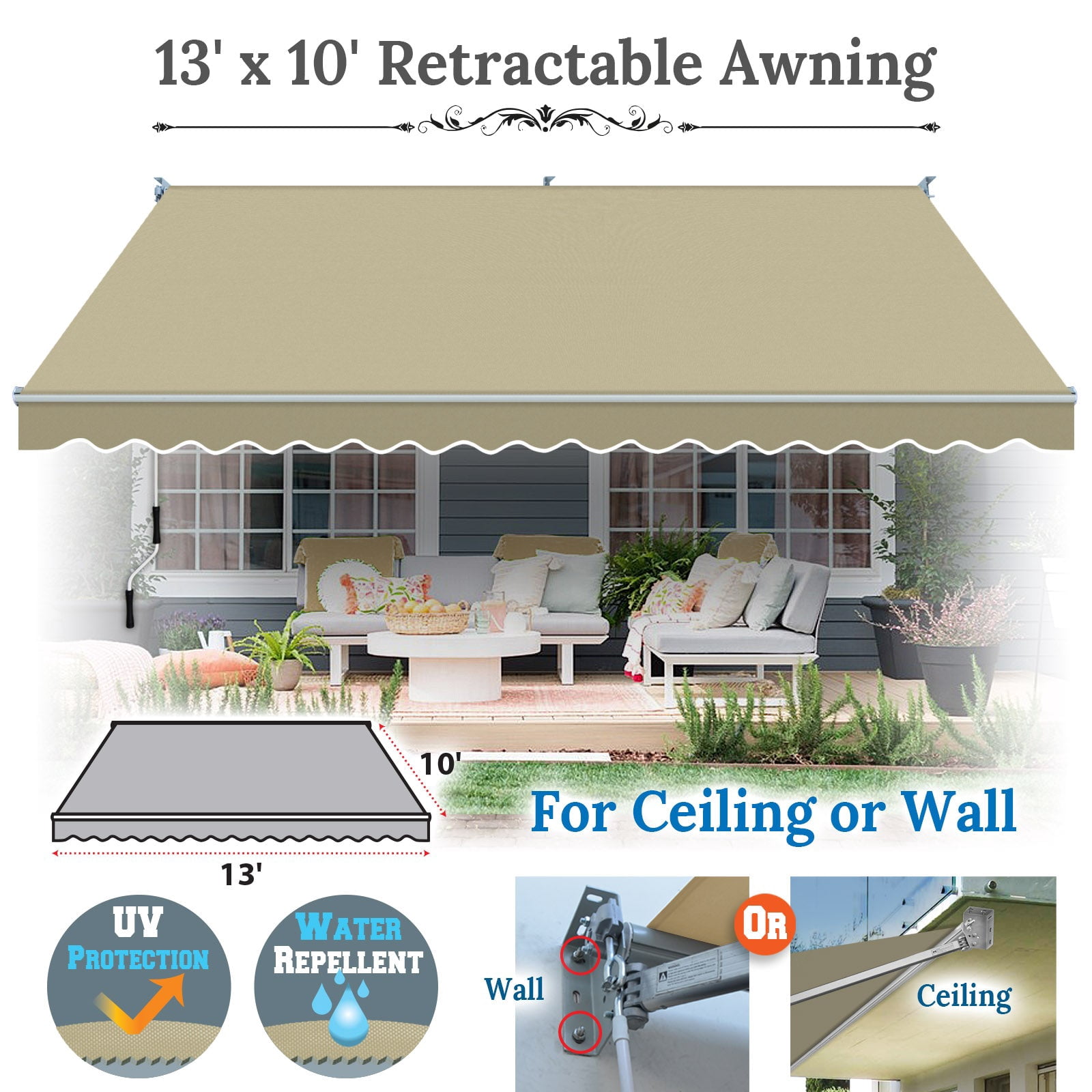 SUNNYOUTDOOR 13x10 FT Patio Awning Retractable Outdoor Sun Shade Manual Patio Deck Awning Heavy Duty Awning (Beige)