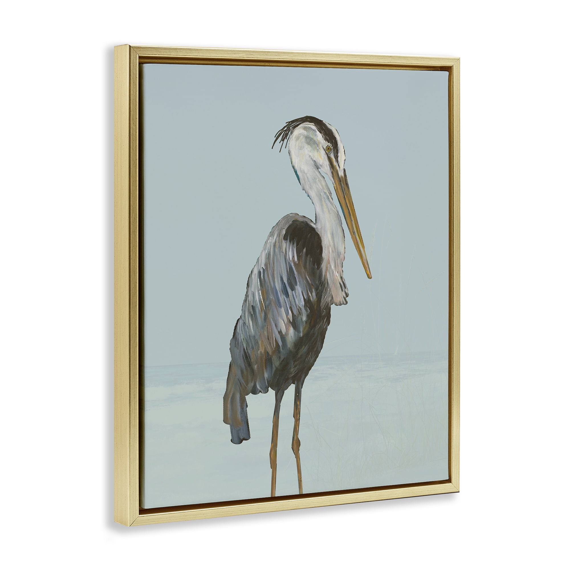 Stupell Industries Coastal Pelican Muted Blue Gold Framed Floater Canvas Wall Art, design by Julie DeRice