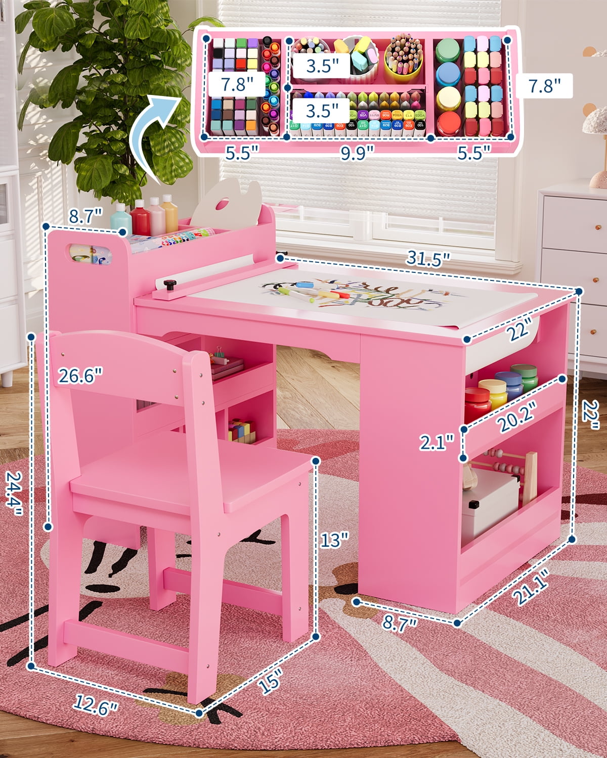 Kids Art Table and Chair Set with Storage Shelves & Paper Roll – Large Wooden Toddler Desk for Drawing, Painting, Learning – Ideal for Home, Playroom, or Study Area – Pink