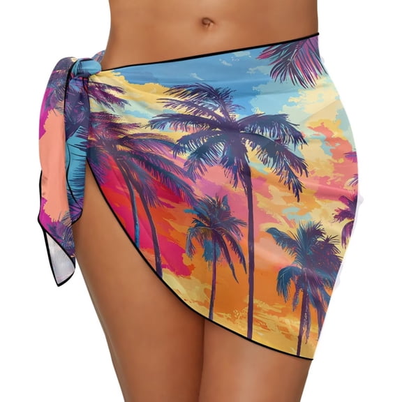 Uourmeti Watercolor Palm Tree Swimsuit Coverups for Women Hawaii Sarong Beach Bikini Wrap Sheer Short Skirt Chiffon Scarf for Swimwear