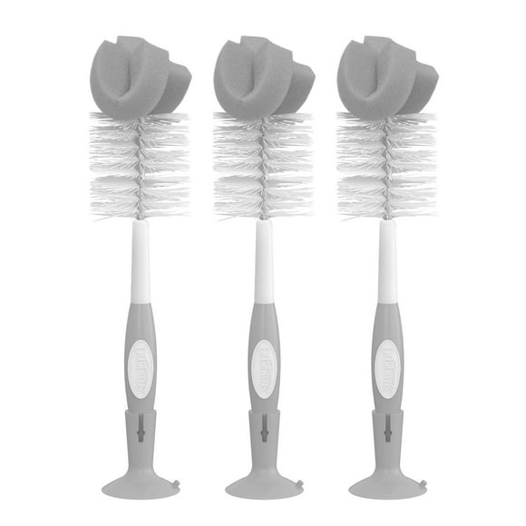 Dr. Brown's Reusable Sponge Baby Bottle Cleaning Brush Set with Suction Cup Stand, Scrubber and Nipple Cleaner, Gray, 3 Pack