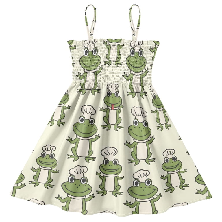cute frog dress Joogoo Girls' Cute Frog Print Cami Dress Kids Sleeveless Smocked A-Line Sundress for 5-6 Years Casual Summer Swing Dresses, Girl's
