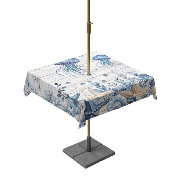Outdoor Tablecloth with Umbrella Hole & Zipper, Blue Jellyfish Coastal Square Tablecloth 60x60 Inch, Beach Starfish Nautical Coral Retro Patio Table Cover Waterproof Table Cloth for Picnic/Party