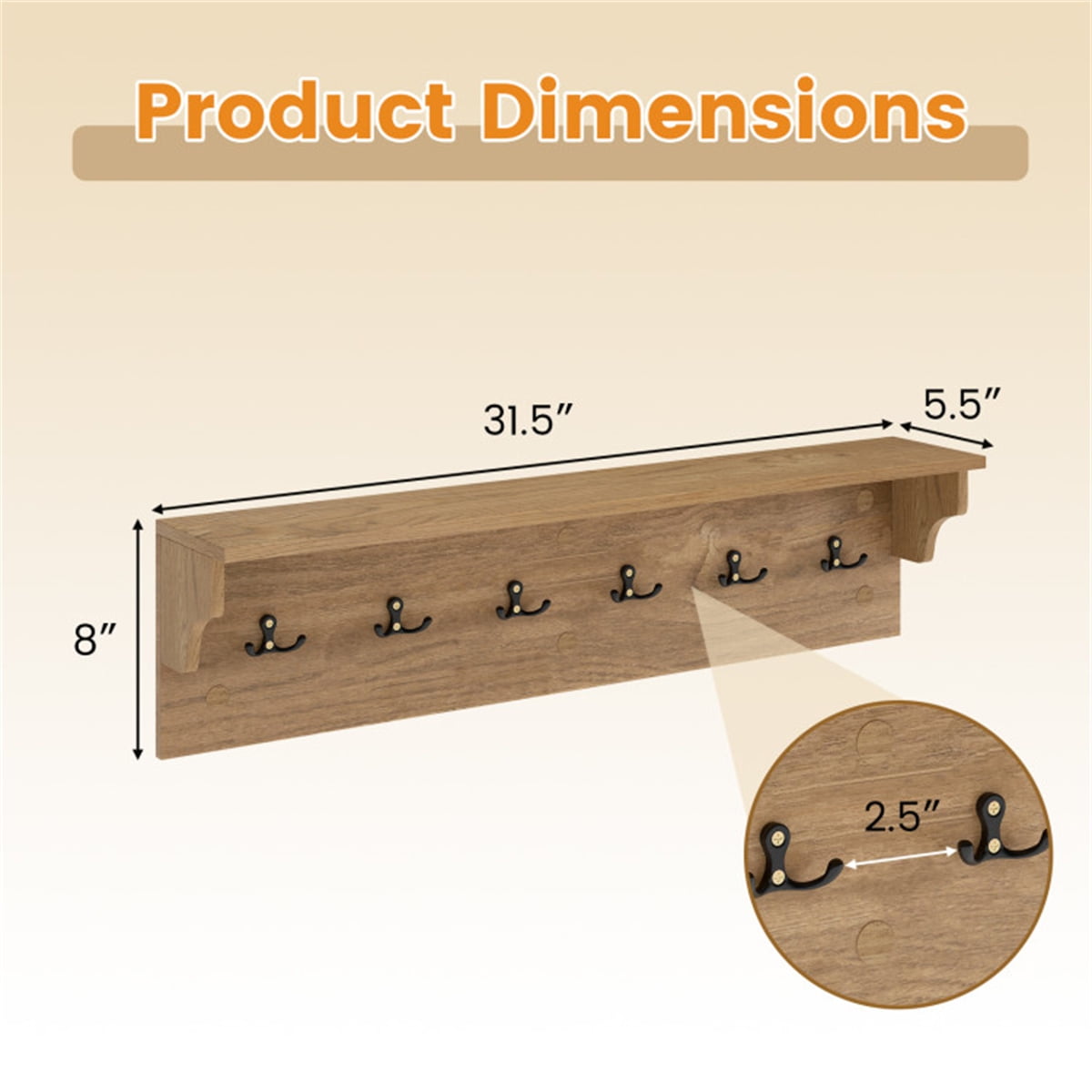 Natural Wood Wall Mount Coat Rack with Shelf 6 Hooks Entryway Organizer Floating Shelf for Keys Hats Bags Towels 110 lb Capacity Mudroom Bathroom Bedroom Storage Space Saving 31.5In Rustic Home Decor