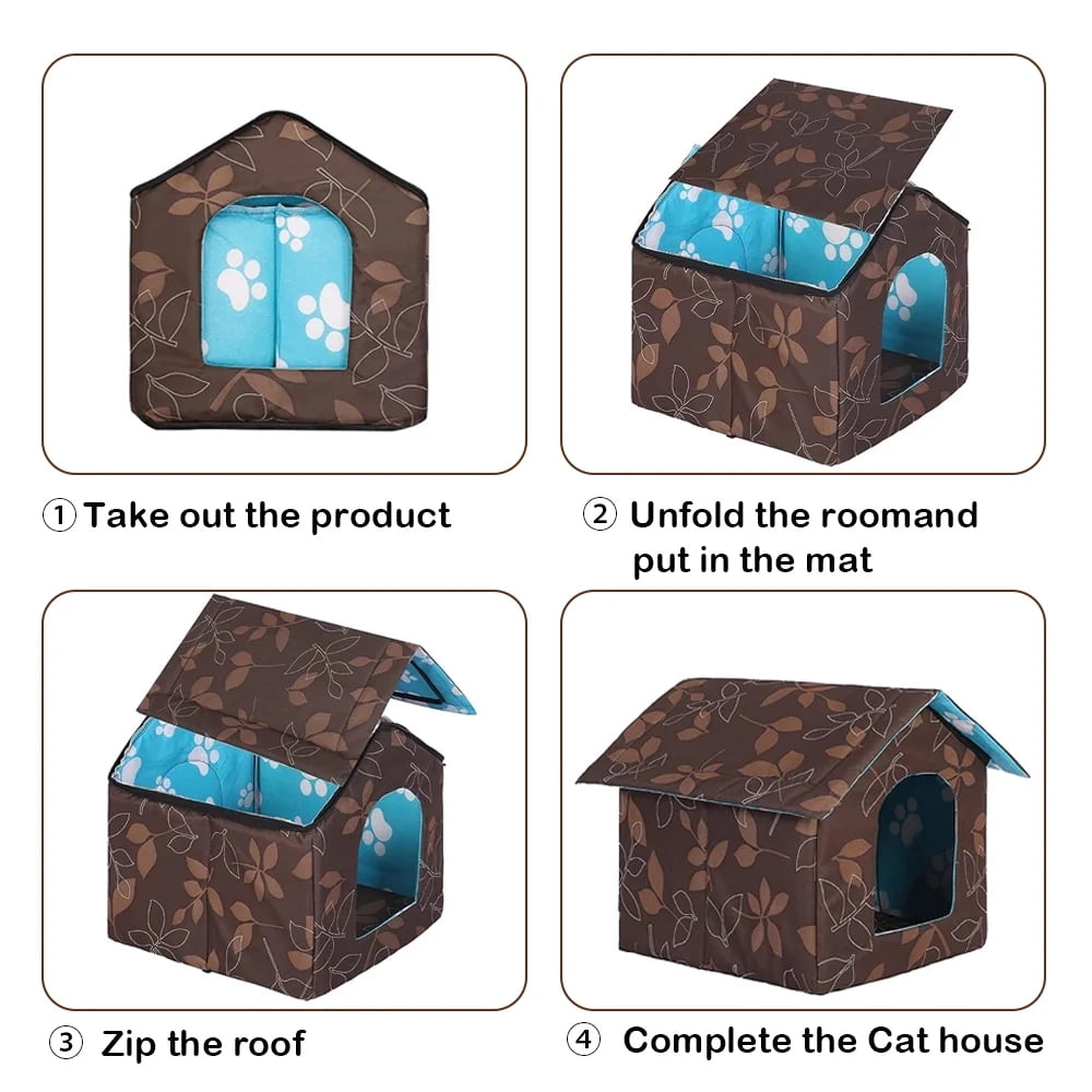 Bevtee Outdoor Cat House, Foldable Cat Bed Cave for Dog Puppy, Weatherproof, Waterproof, Brown, Large