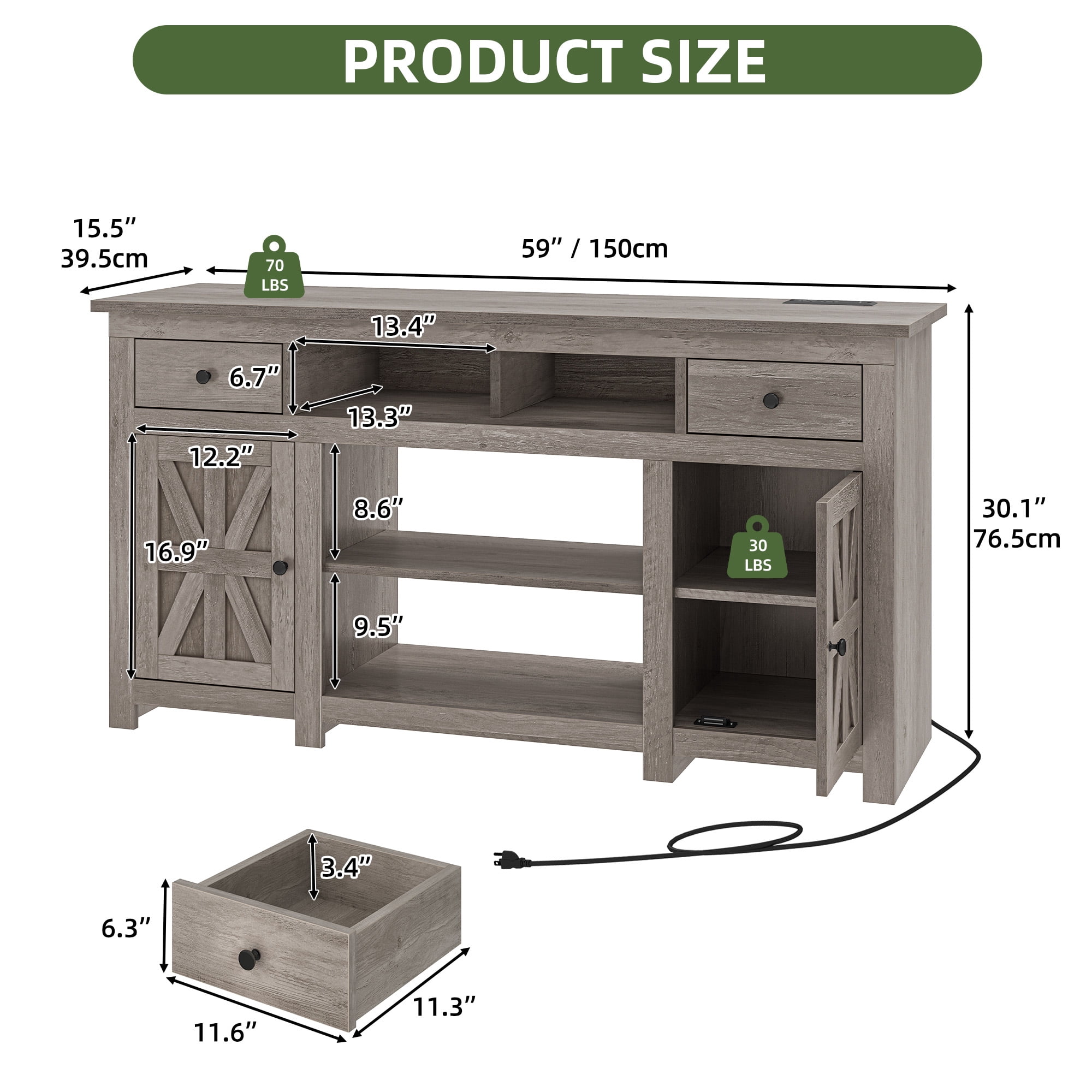 Uforic 59" Farmhouse TV Stand with Storage for Living Room, Entertainment Center for up to 65" TV, Washed Gray