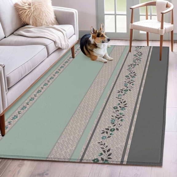 Turquoise Floral Area Rugs 2.7'x5', Washable Small Throw Rugs for Kitchen Bedroom, Modern Farmhouse Leaves Gray Striped Indoor Outdoor Rug Non-Slip Low Pile Carpet Runner Reversible Floor Mats