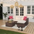 thumbnail image 3 of 5 Piece Deck Patio Furniture Set Outdoor Rattan Parlor Sofa Set All Weather Sectional Sofa with Glass Storage Table and Balcony Footstool Non-Slip Cushions Poolside Garden Porch Brown + Beige, 3 of 7