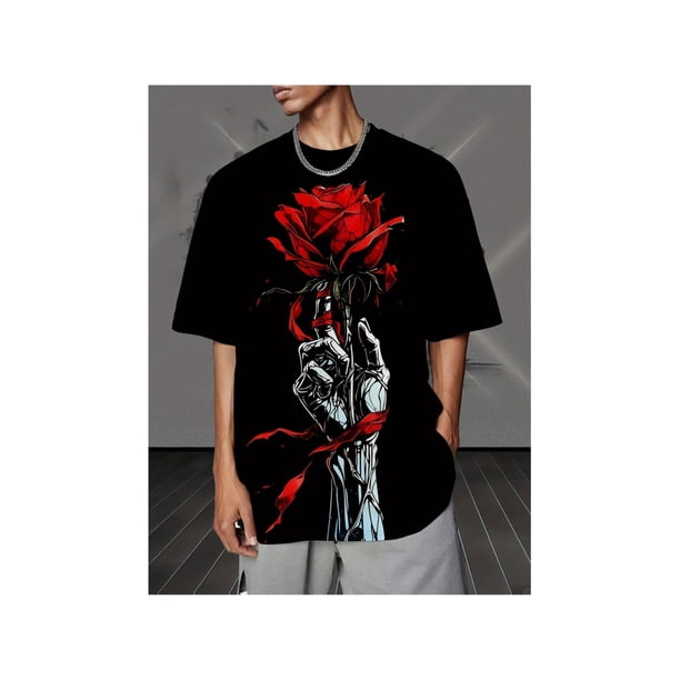 Men'S Fashionable Valentine'S Day Rose Graphic T-Shirt - Casual Summer Sportswear, Round Neck Short Sleeve, Black with Red and White Print