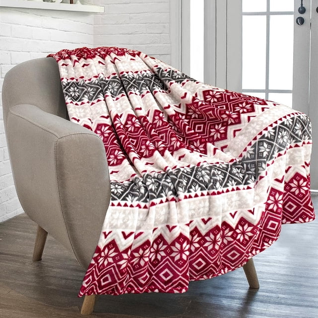 Couverture Jetée de Noël / Couverture en Molleton Rouge pour les Fêtes de Noël / Douce, Pelucheuse, Chaude pour l'Hiver, Jeté de Chalet, 50x60 (Flocons de Neige Rouges)