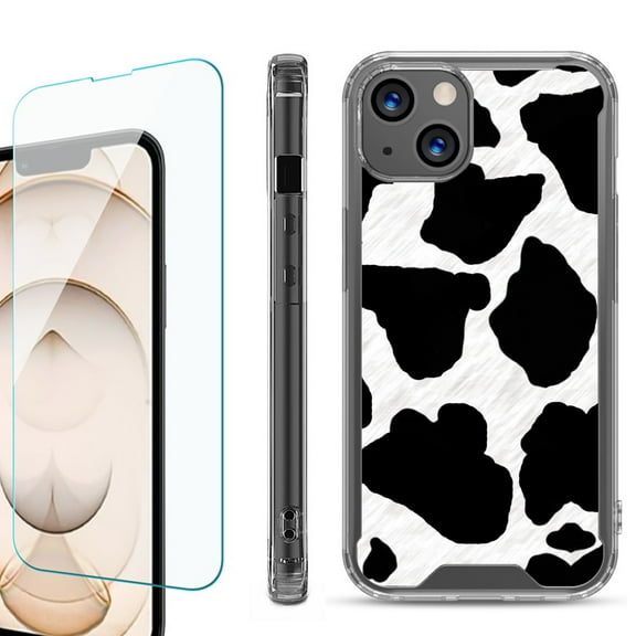 Shockproof Bumper Phone Case for iPhone 13, with Tempered Glass Screen Protector, by OneToughShield ® - Cow Skin Design