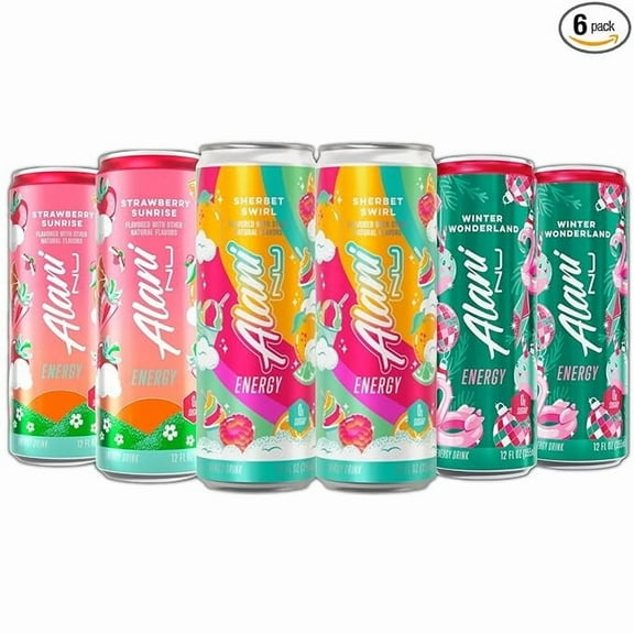Alani Nu Energy Drinks Sherbet Swirl, Strawberry Sunrise, Winter Wonderland Flavors Variety Pack, Biotin B Vitamins, Sugar-Free, Low-Calorie, 200mg Caffeine, Energy Boost Drink 12 fl oz (Pack of 6)