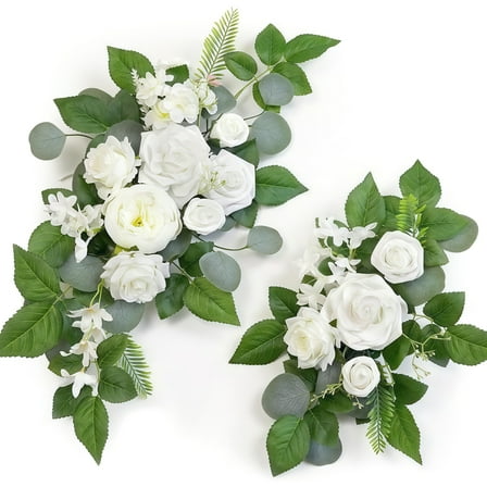 Artificial Wedding Arch Flowers Set of 2, White Faux Floral Swags for Ceremony Welcome Sign and Reception Backdrop, Faux Silk Flower Arrangement for Wedding Decor