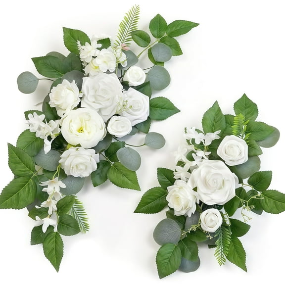 Artificial Wedding Arch Flowers Set of 2, White Faux Floral Swags for Ceremony Welcome Sign and Reception Backdrop, Faux Silk Flower Arrangement for Wedding Decor