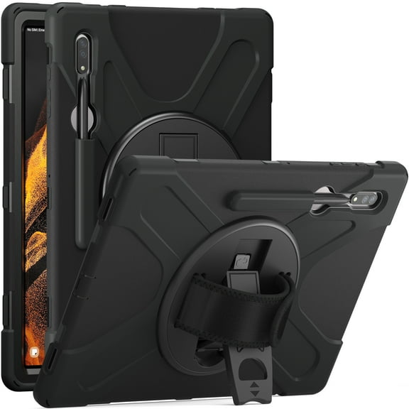 KIQ Galaxy Tab S8 Ultra Case, Shockproof Heavy Duty Impact Drop Protection Shoulderstrap Kickstand Cover for Samsung Galaxy Tab S8 Ultra X900 (Shield Black)