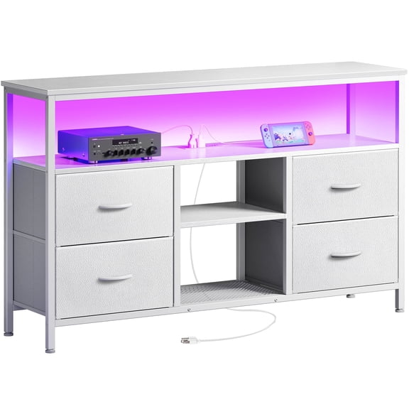 Amadwell TV Stand with Power Outlets & LED Lights, 4 Drawer Dresser Entertainment Center, Media Console with Open Shelf