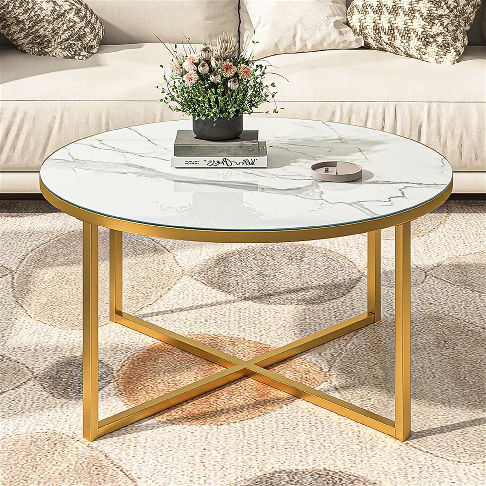 Resenkos 32" Modern Round Coffee Table, Metal Frame Cocktail Table for Living Room Furniture