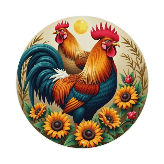 Vintage Wall Decor Rooster Hen Sunflower Wall Plaque Sign Round Metal Tin Sign Round Welcome Door Hanging, Suitable for Home Garden Kitchen Bar Cafe Restaurant Garage Wall Decor 8x8 Inch
