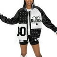 thumbnail image 2 of Women's Gameday Couture  Black/White Las Vegas Raiders Oversized Hot Shot Rhinestone Throwback Full-Snap Varsity Bomber, 2 of 6