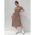 thumbnail image 4 of Coffee Brown Striped Knit Short Sleeve Midi Dress With Side Slit Casual Summer Style, 4 of 5
