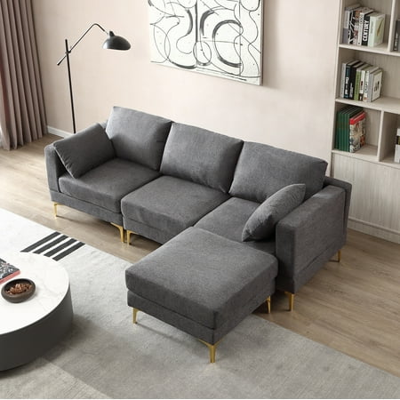 93"L-shaped Sectional Sofa with Removable Ottoman Footrest and Metal Legs, Modern Free Combination Modular Sofa Couch with Soft Backrest & Armrest & Thick Seats Cushion for Living Room, Dark Grey