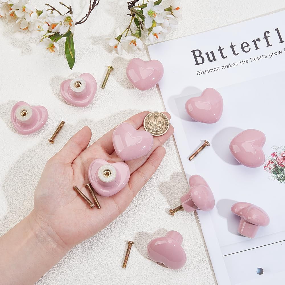 12 Sets Cabinet Knobs 1.59 Inch Pink Heart Kitchen Dresser Knobs Drawer Knob Cabinet Hardware Ceramic Knob for Home Cupboard Wardrobe Bathroom Hardware for DIY