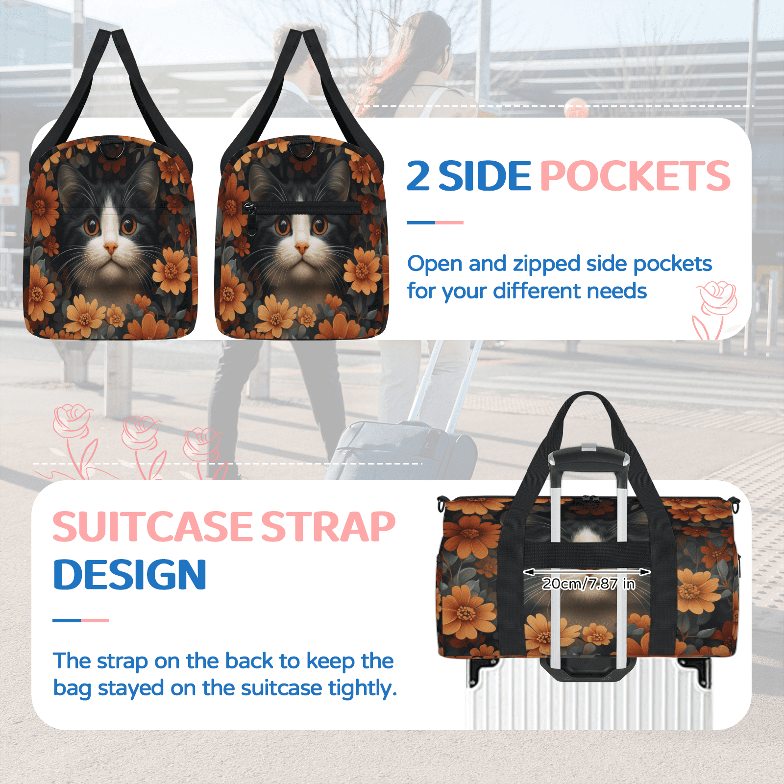 Herdesigns Cat Gym Bag for Women, Flower Cat Duffle Bag for Travel Sport, Lightweight Waterproof Carry on Weekender Overnight Dance Yoga Workout Bags