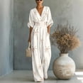 thumbnail image 2 of Summer Jumpsuit for Women V Neck Ruched High Waist Linen Wide Leg One Piece Outfit for Casual Summer Wear, 2 of 7