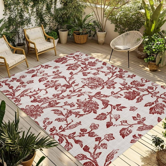 Fsddascl Farmhouse Red Outdoor Rug for Patio/Deck/Porch, Non-Slip Large Area Rug 5 x 8 Ft, Vintage Flower Leaf Botanical Plant Indoor Outdoor Rugs Washable Area Rugs, Reversible Camping Rug Carpet