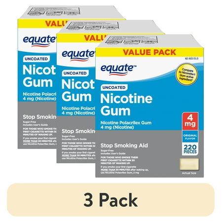 (3 pack) Equate Nicotine Uncoated Gum 4 mg, Original Flavor, 220 Count, Compare to Nicorette® Gum Active Ingredient