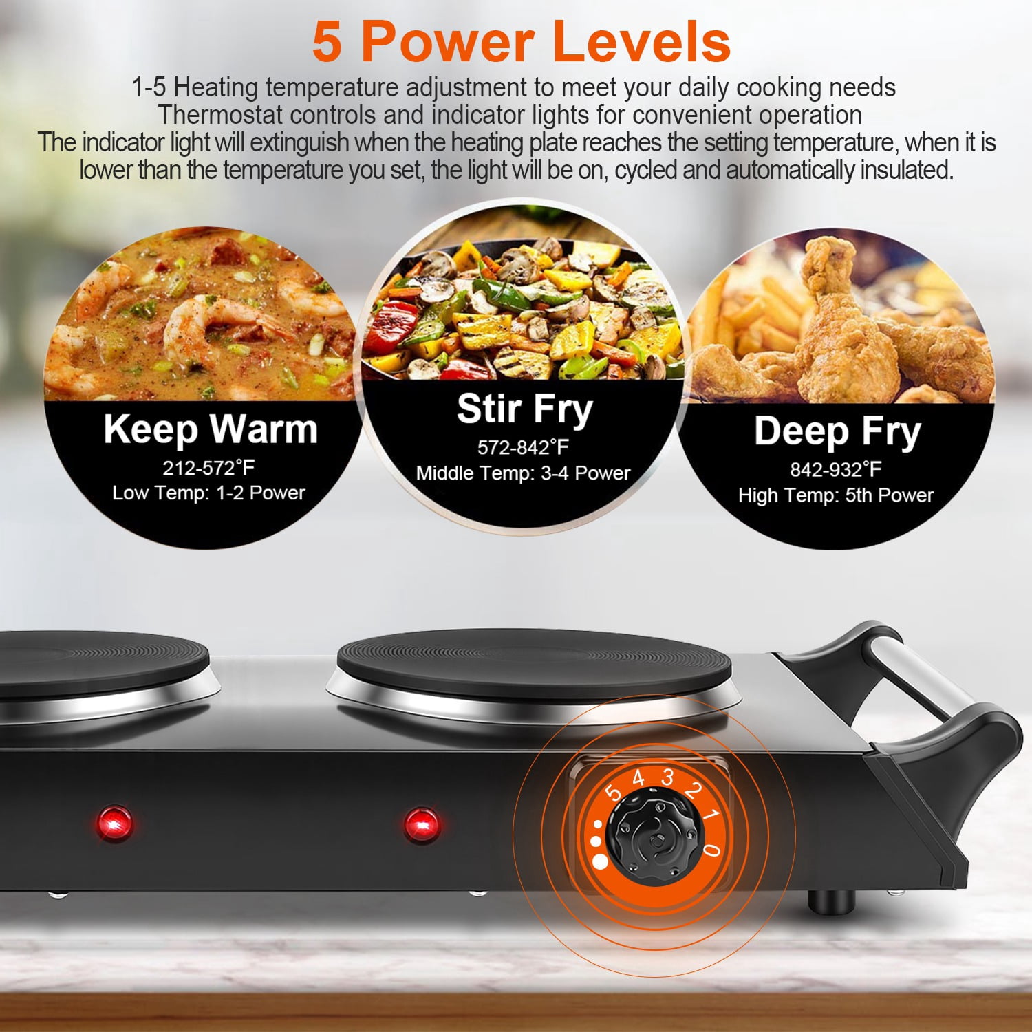 2000W Dual Burner Electric Hot Plate 21.26in 5Temperature Levels 392-932F 110V Black Quick Iron Portable Countertop Stove Coil Heating Flat Cookware Compatible Dorms RVs Apartment Easy Clean Cooking
