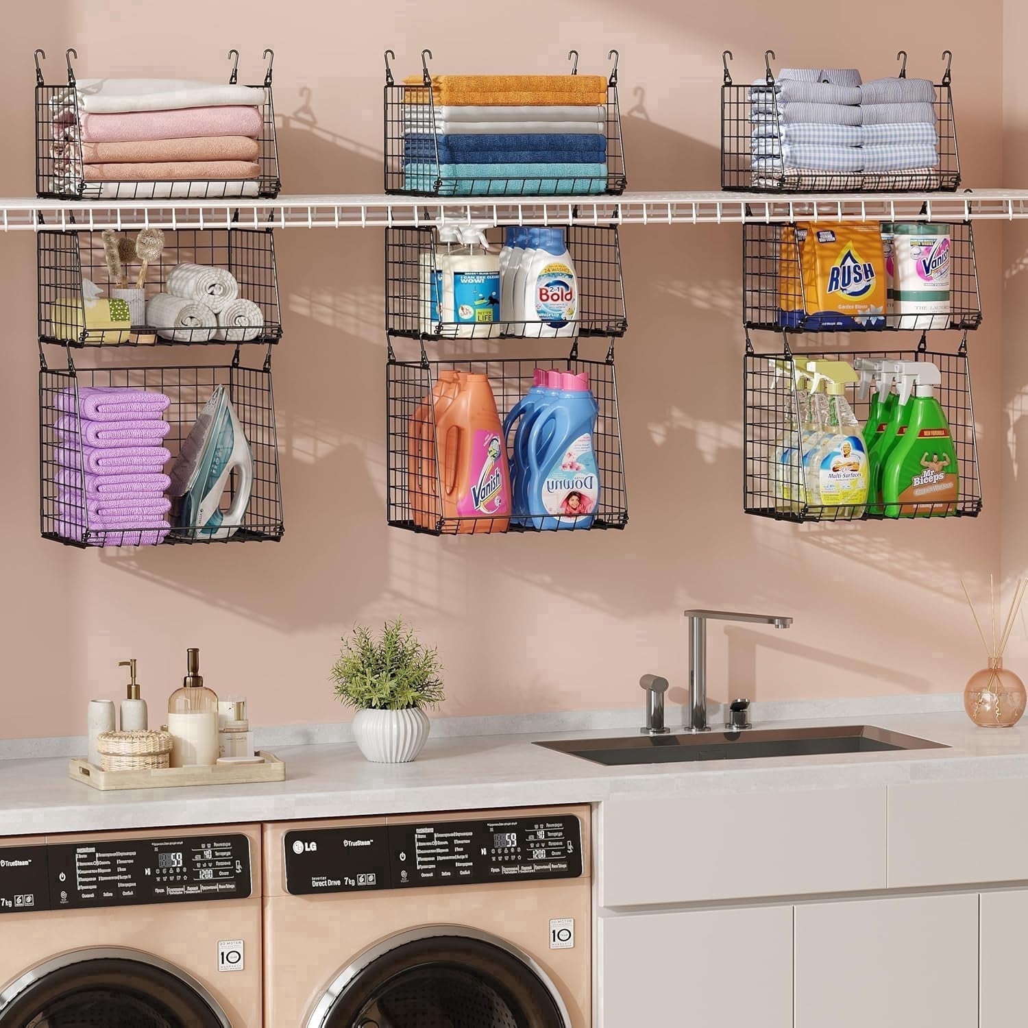 XCOSRACK 4-Pack Hanging Wire Baskets for Laundry Room, Foldable Metal Storage Organizer with 360° Rotating Hooks, Over Washer & Dryer Shelving, Black