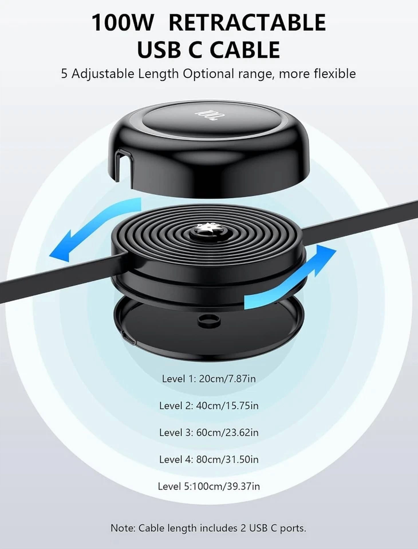 CIRCLE- Retractable Usb C Cable, 100W 5A C To C Fast Charging Black