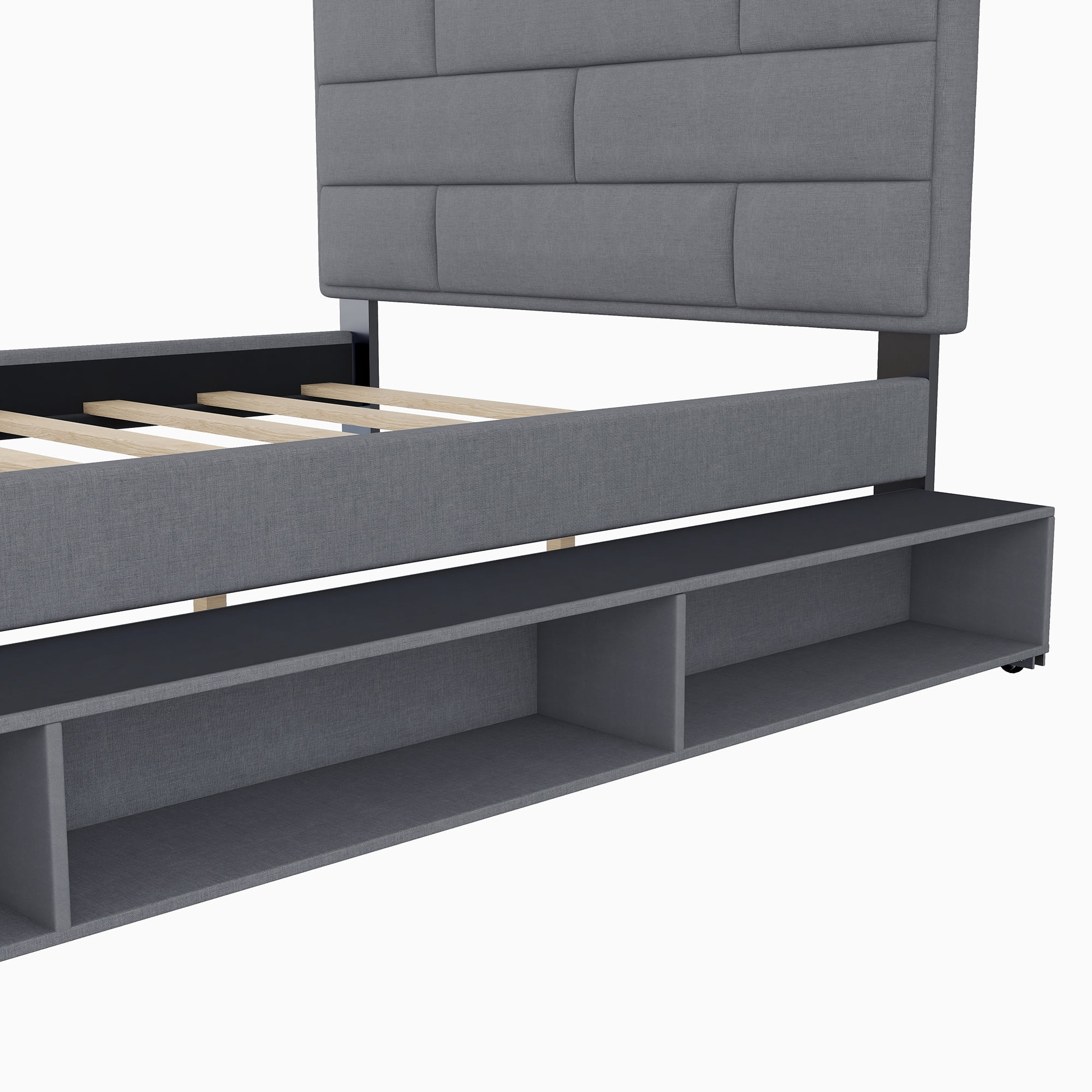 Full Size Linen Upholstered Platform Bed with a Drawer and Shelves for Kids Bedroom, Gray