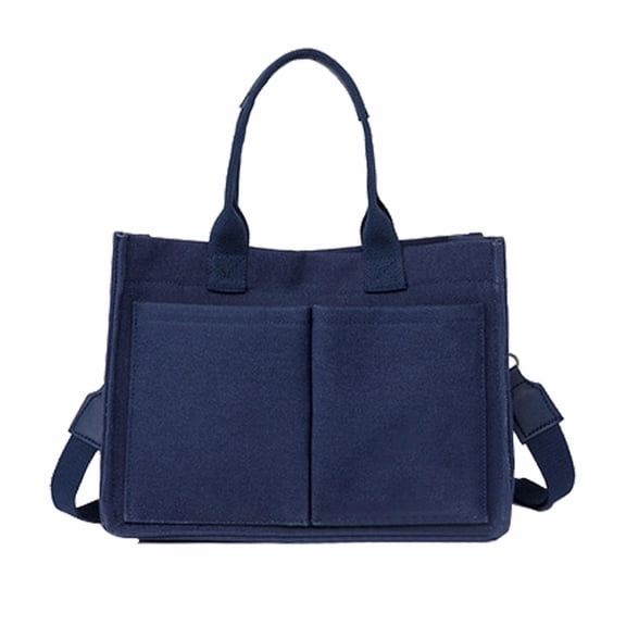 Canvas Tote Bag with Multi-Pocket for Adults, Large Crossbody Shoulder Handbag Daily Tote Bag with Compartments, Durable Laptop Work Bags Shoulder Travel Messenger Gym Totes, 1Pc(Blue,13.4x5.5x10")